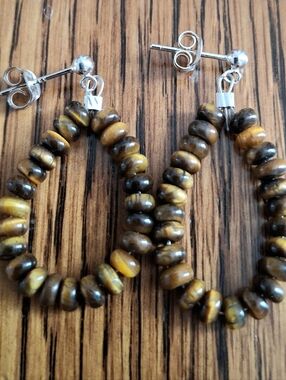 Earrings Tigers Eye Brown Rondelle Beaded Hoops Sterling Silver Handmade